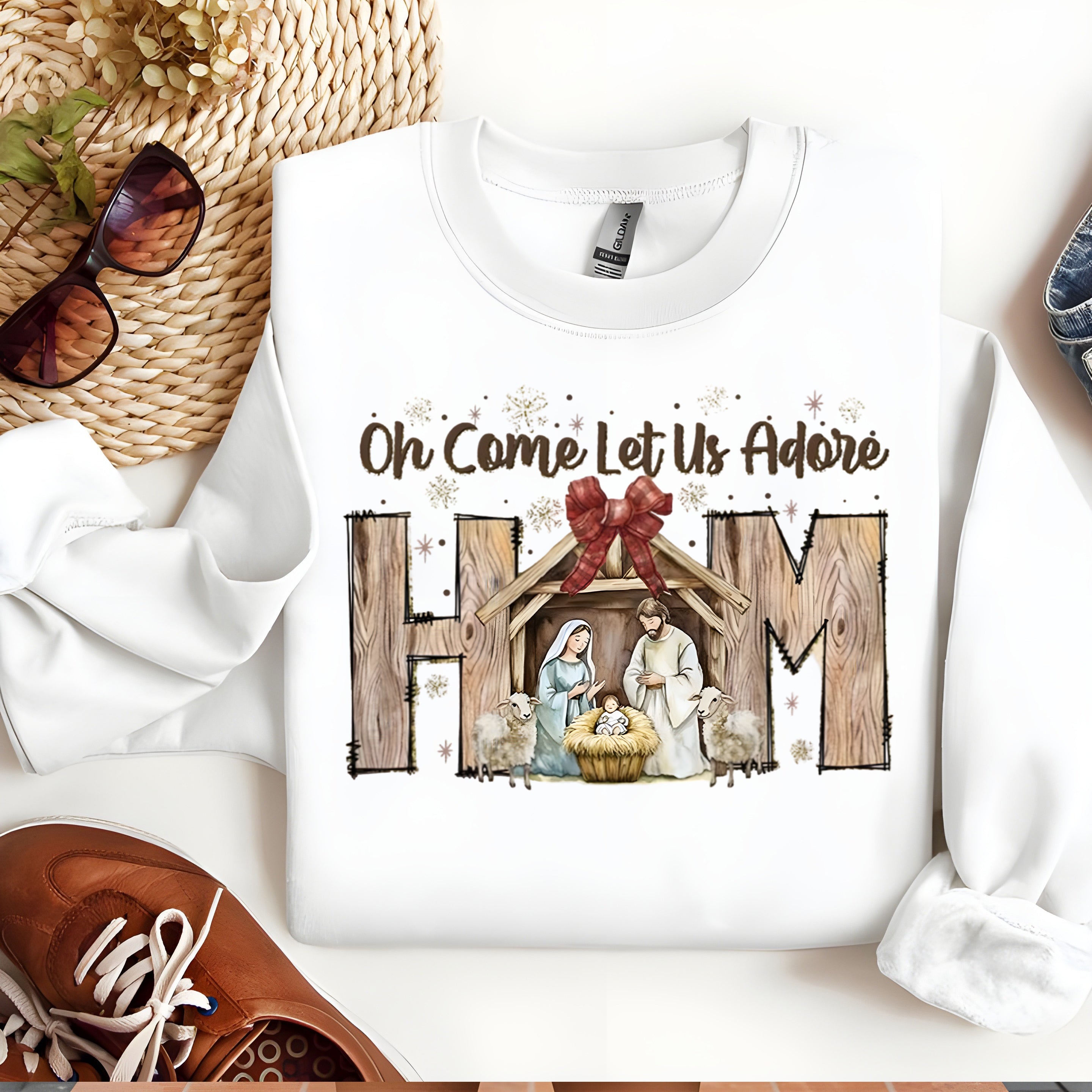 Oh Come Let Us Adore Him Christmas Sweatshirt, Nativity Scene Christian Pullover, Religious Holiday Crewneck